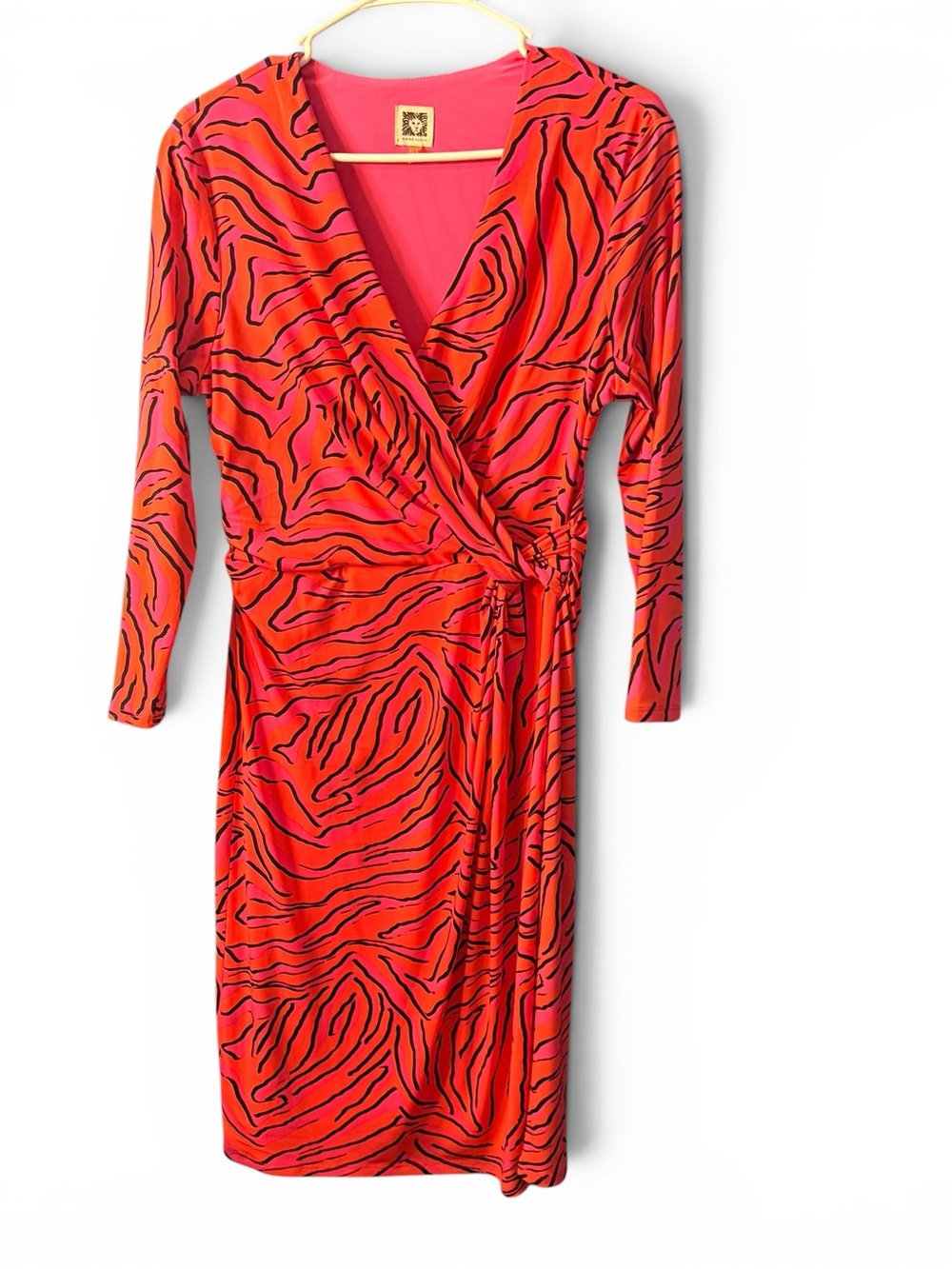 Anne Klein Dress Vibrant Orange-Pink Wrap Dress with Black Print Size 10